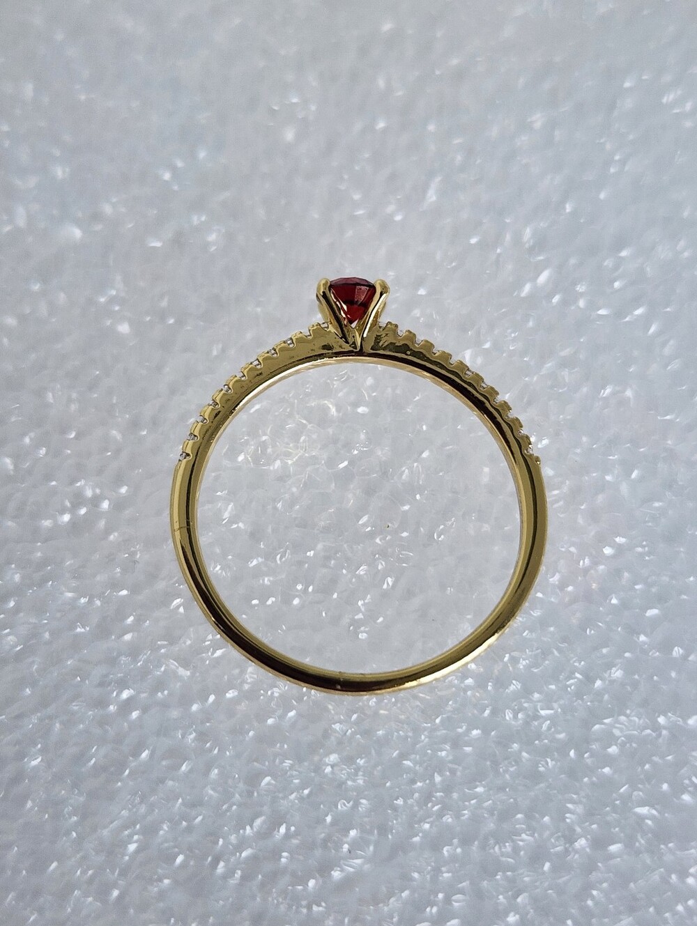 Gold Plated Garnet Red Solitaire Ring CZ Pave Band Dainty Stackable Size 7 - Picture 3 of 5